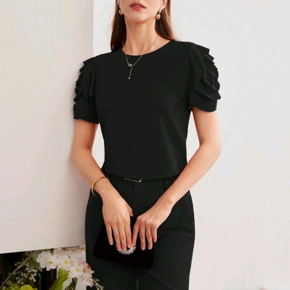 SOLID LAYERED RUFFLE PUFF SLEEVE TEE - Picture 4 of 4